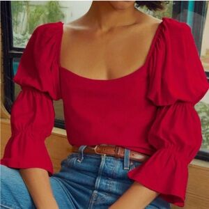 Nation LTD Red Puff-Sleeve Square Neck Top